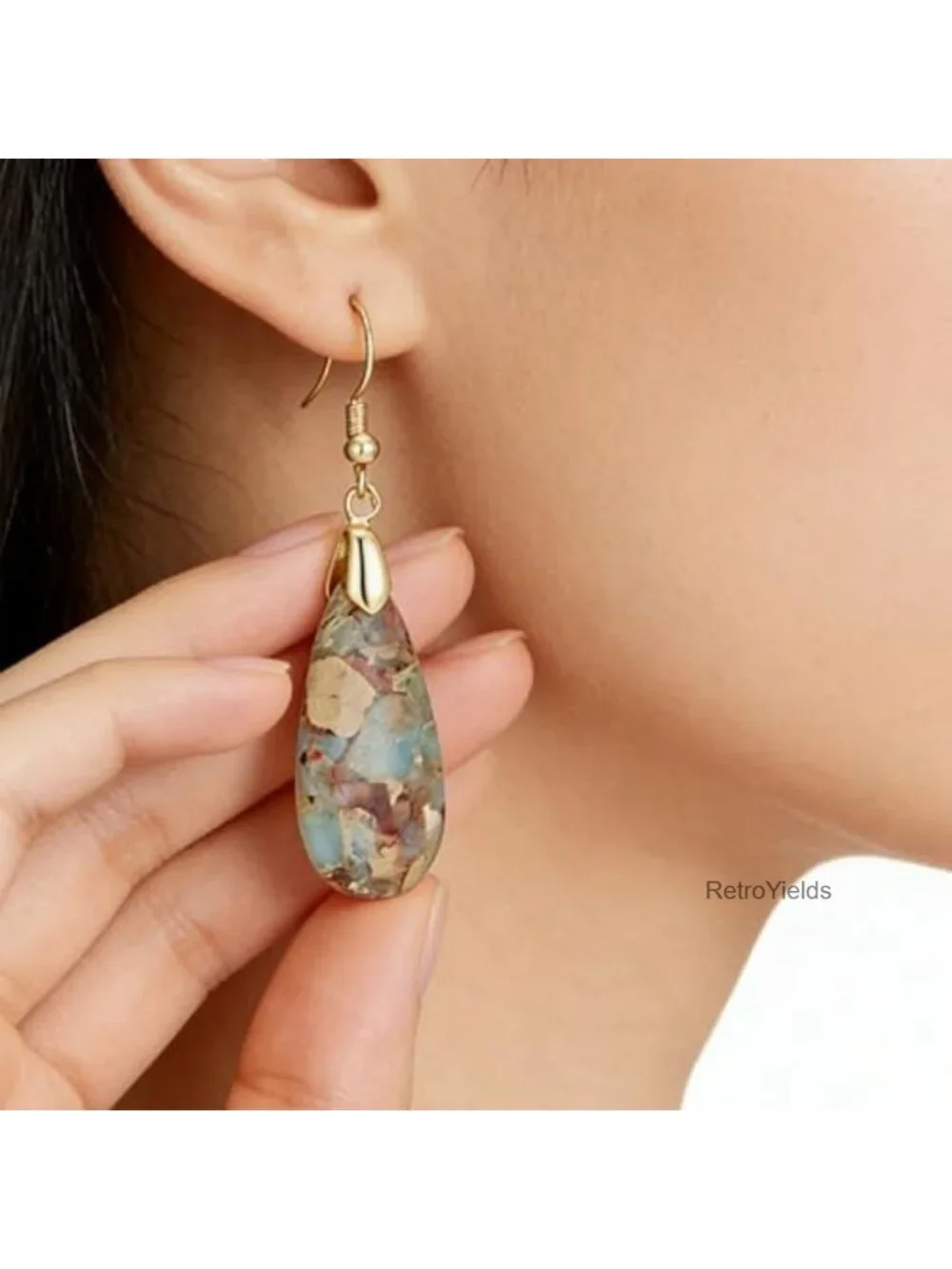 Natural Agalmatolite Teardrop Dangle Earrings Gold Plated Hypoallergenic